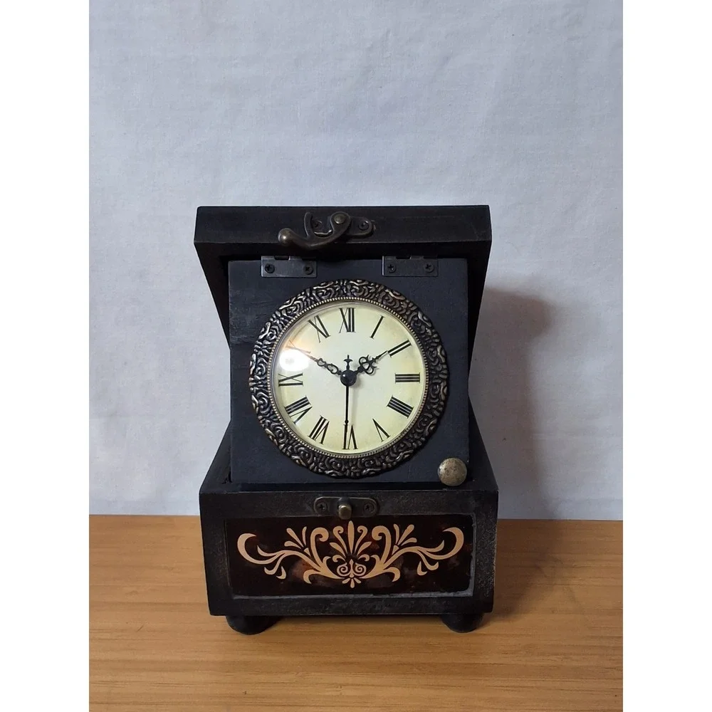 Vintage Home Interiors Wooden Trinket Stash Box With Clock WORKS!